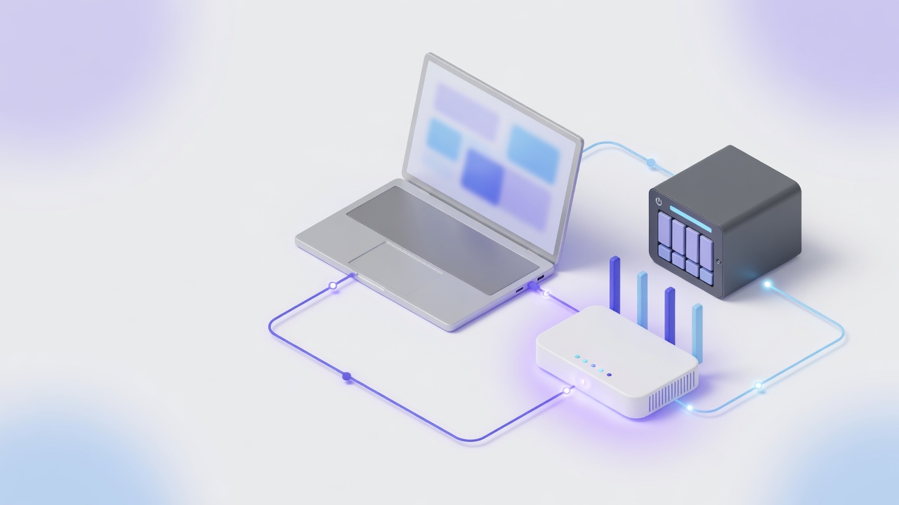 Laptop, router en NAS verbonden in een kantoornetwerk